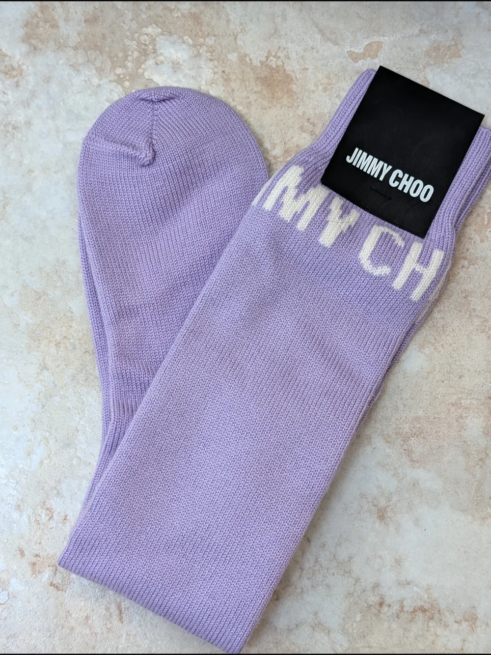Jimmy Choo Intarsia Lavender Knit Crew Socks with White Logo NWT